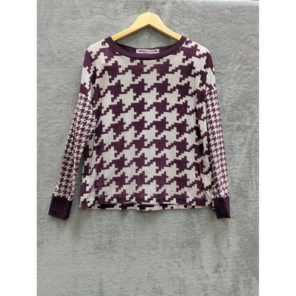 Preppy Houndstooth Fleece Top Womens Small Purple Long Sleeve Crewneck Pullover